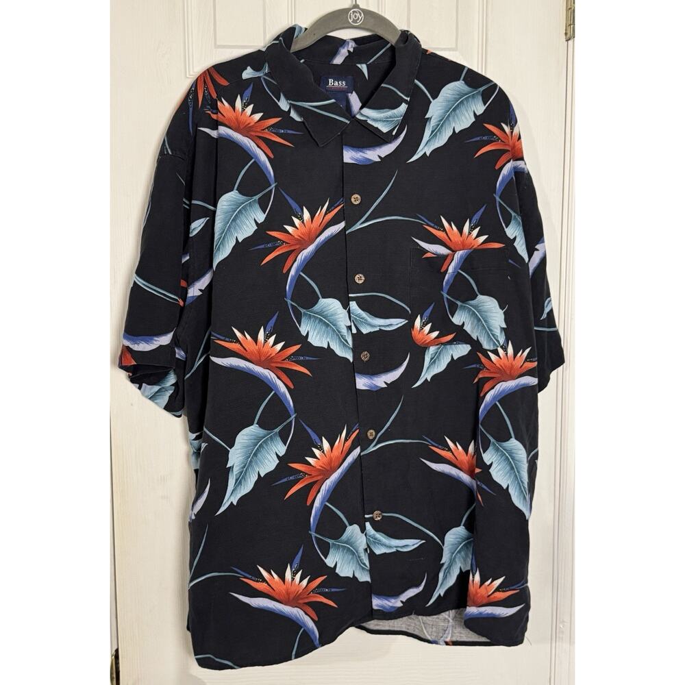 GH Bass Men's Navy Blue Short Sleeve Button-up Tropical Shirt, 100% SILK XL